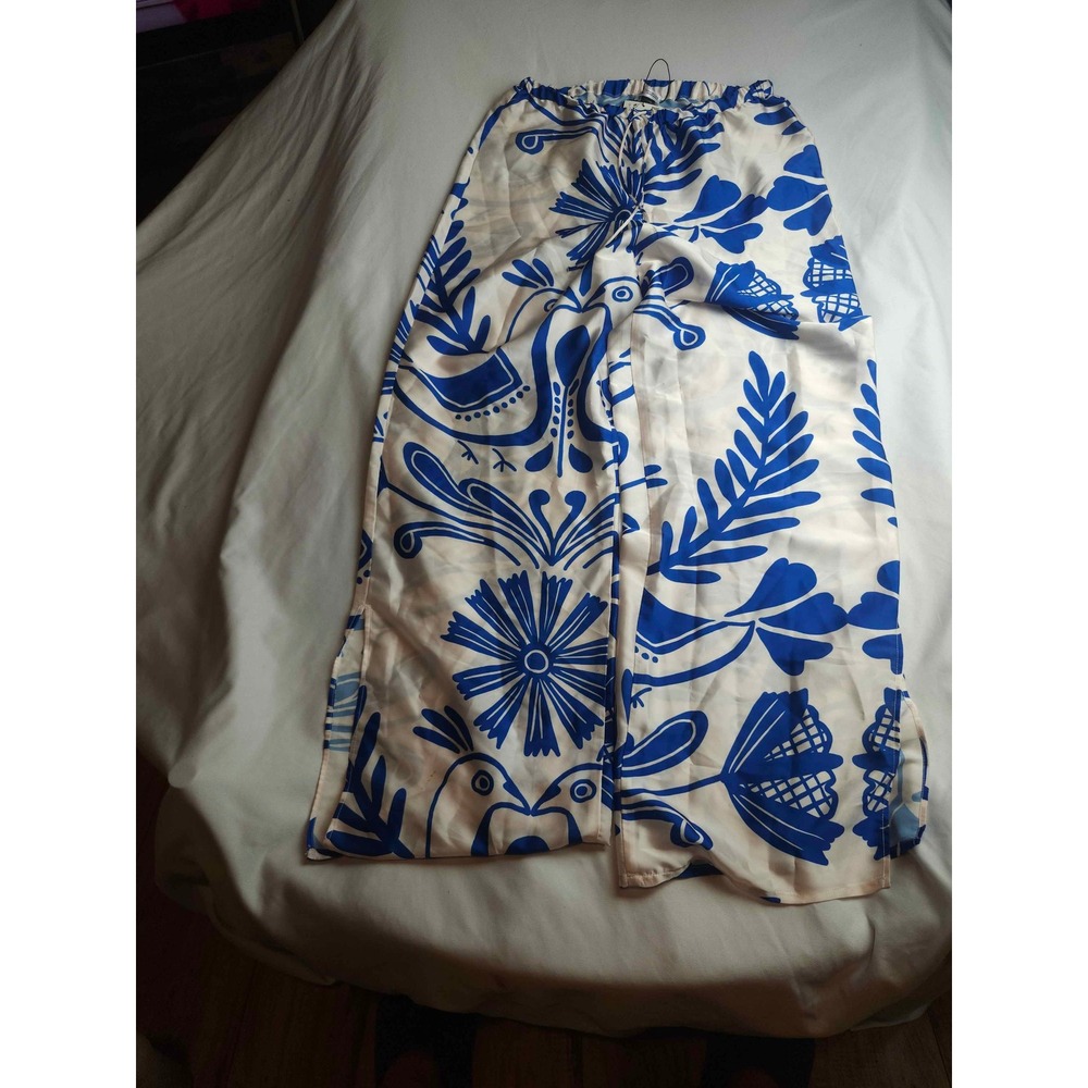 Zara Lingerie Blue White Bird Floral Wide Leg Pajama Pants Satin Drawstring M NW